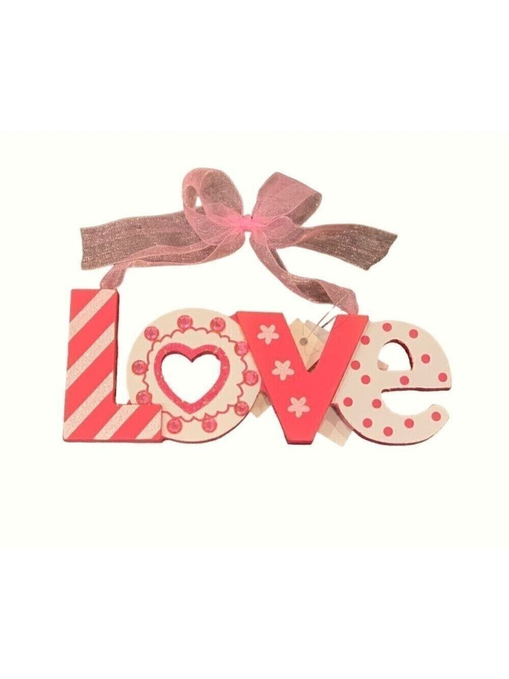 Valentines Pink Love Mini Sign 5 Inch Rhinestones Tiered Tray Decor Pink Love